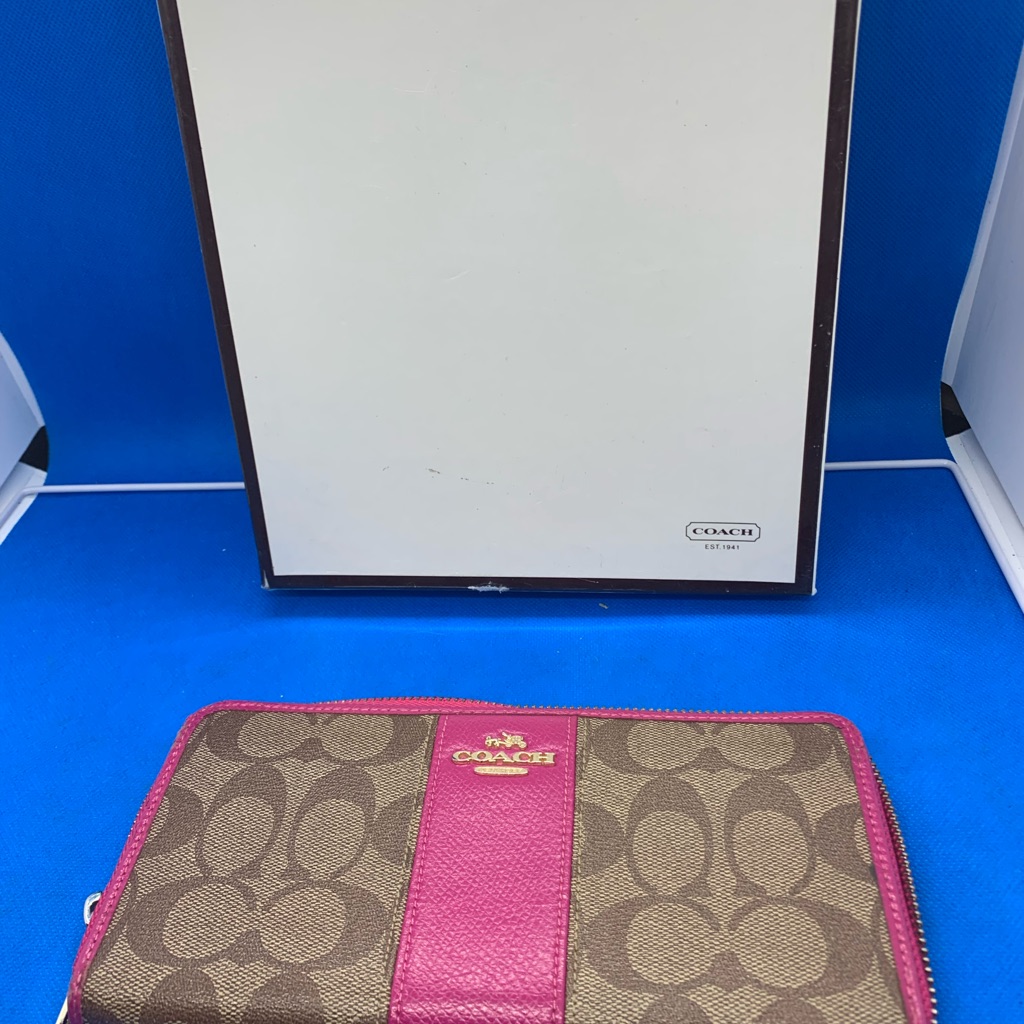 Coach Signature Leather & Zip Up Zippy Canvas Wallet Pink And Brown